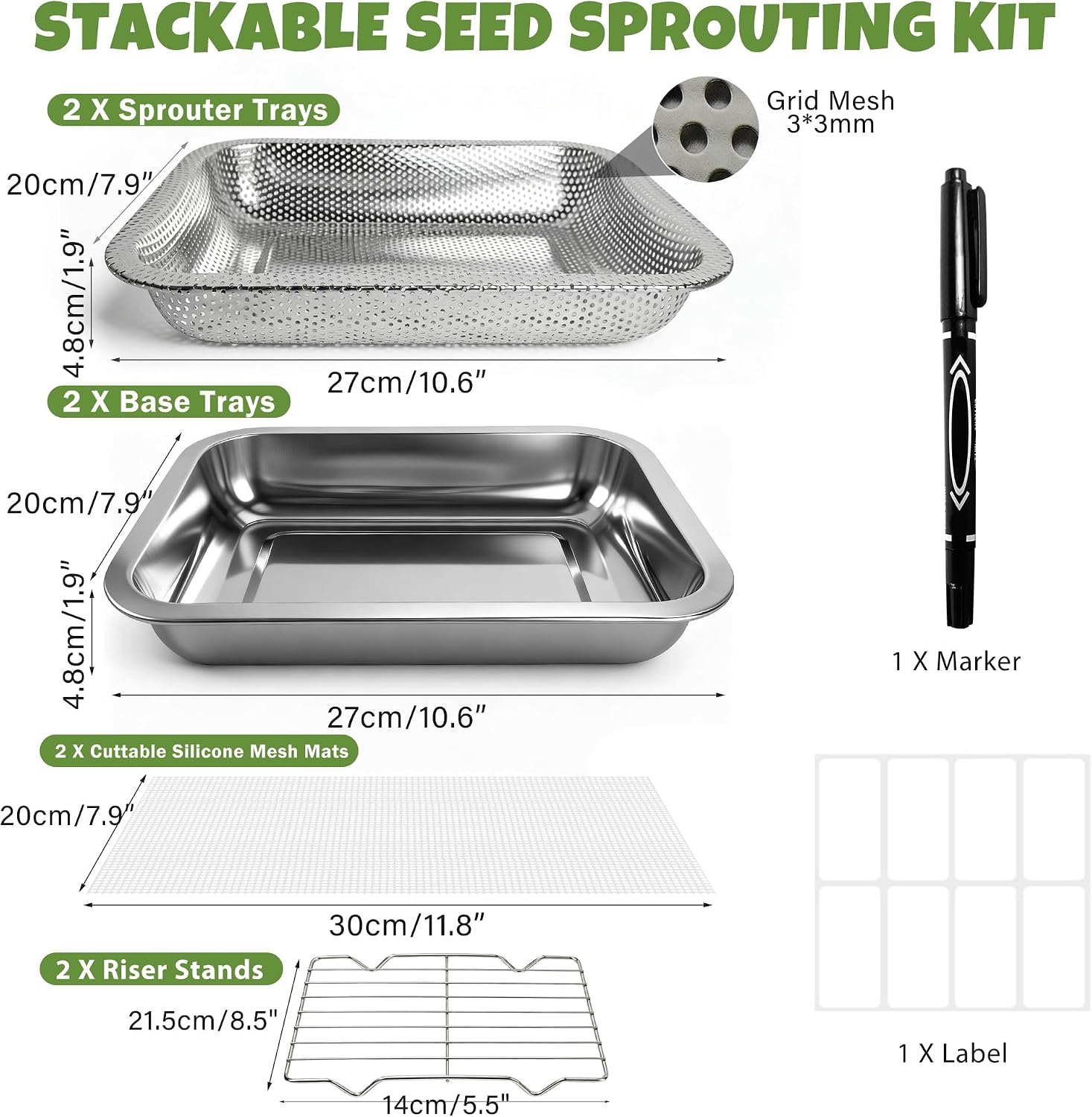 2 Pack Stainless Steel Seed Sprouter Trays, 2-Tier Soil-Free Microgreens Growing Kit, Rust-Free Sprouting Tray with