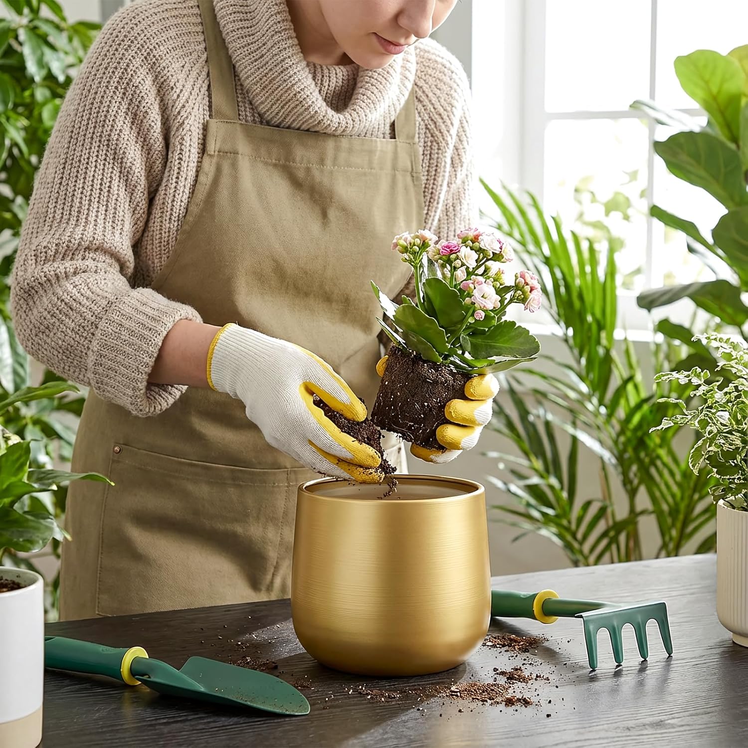 6.3" Gold Metal Plant Pots with Drainage Hole & Liner for Indoor Plants | Brushed Gold Anti-Rust Metal Finish, Stable
