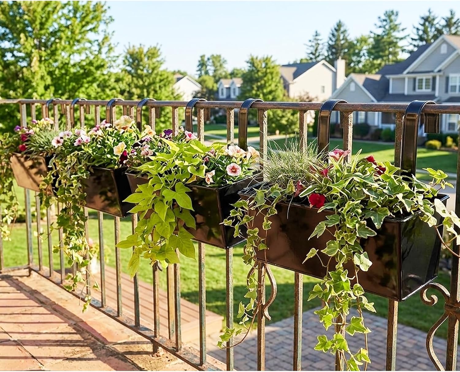 6 Pack 12" Outdoor Metal Balcony Fence Railing Planters, Rectangular Black | Detachable hooks, Drainage holes
