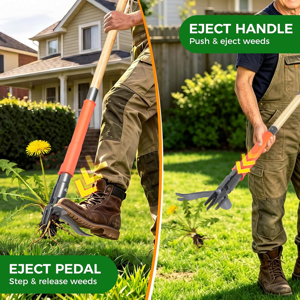 Stand Up Weed Puller Tool, 4-Claw Steel Head Deep Root Extractor with Dual-Eject Design, Real Bamboo Long Handle &