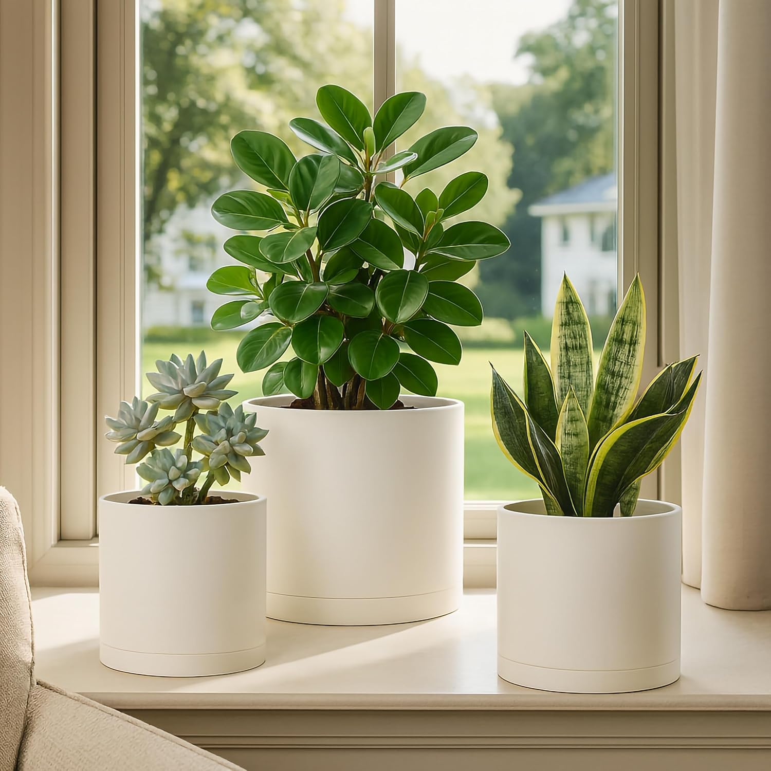 D'vine Dev 3-Pack Plastic Pots & Saucers, 6/6.5/8 in, Oatmeal, 74-V-H-3 | Multi-Size Options, Lightweight Durable