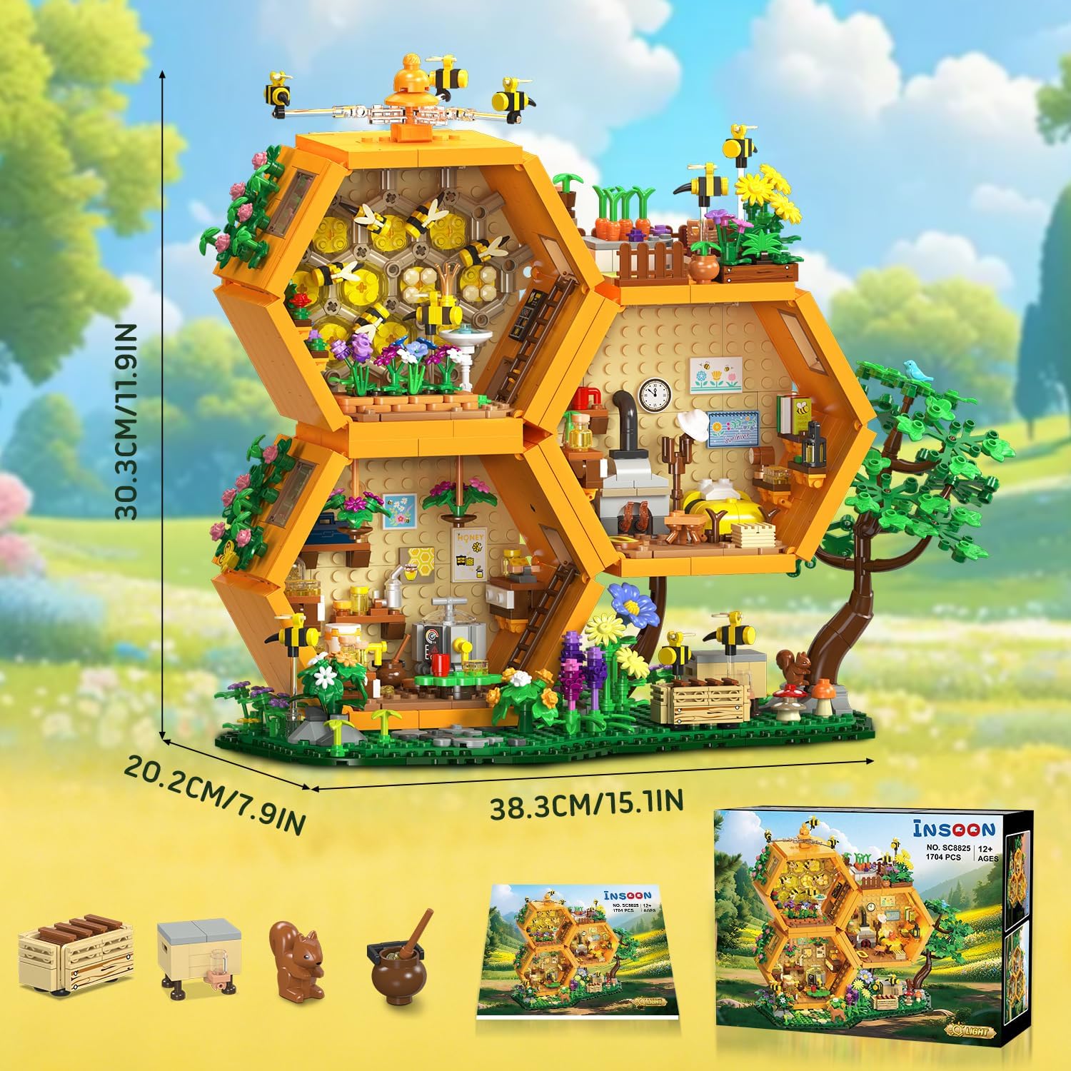 INSOON Bee House Building Set with Lights for Adults, Farm Treehouse Kit | Honey Bee Garden Display Model with