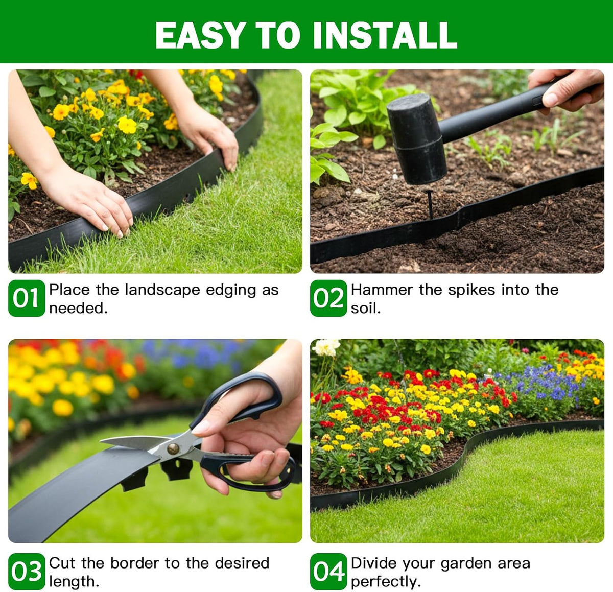 No Dig Landscape Edging 2 Inch x 40 FT, Heavy Duty Flexible Plastic Garden Border with 50 Spiral Spikes, Lawn Edging