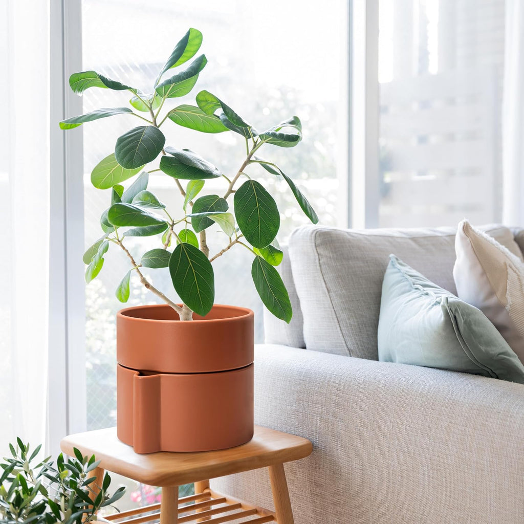 8 Inch Self-Watering Planter Pot with Terracotta Insert, Deep Water Reservoir, and Ceramic-Alike BPA-Free Plastic