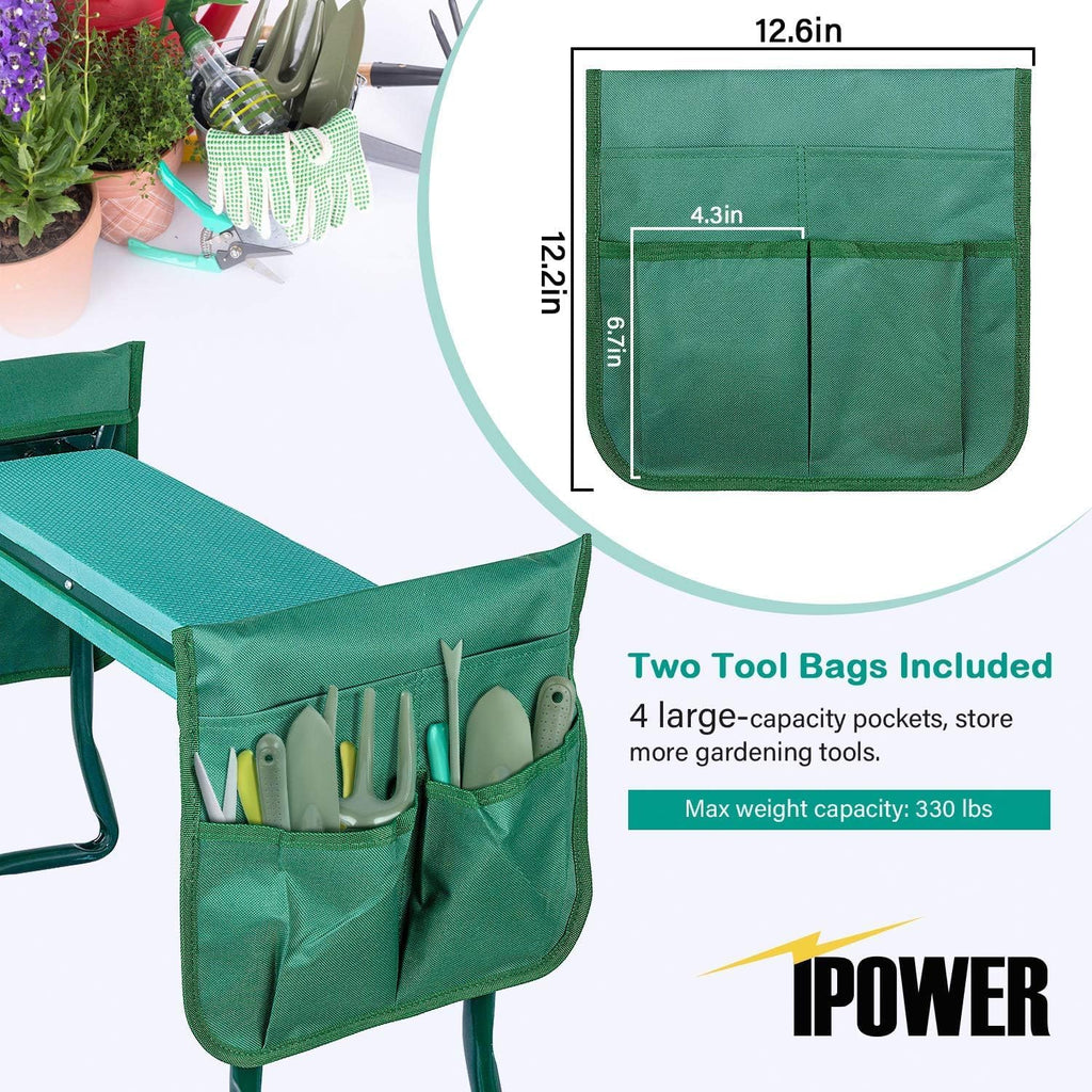 iPower Upgraded Garden Kneeler and Seat, with Sturdy Soft EVA Foam Pad, 2 Tool Pouch, Hold 330lb, Portable Foldable