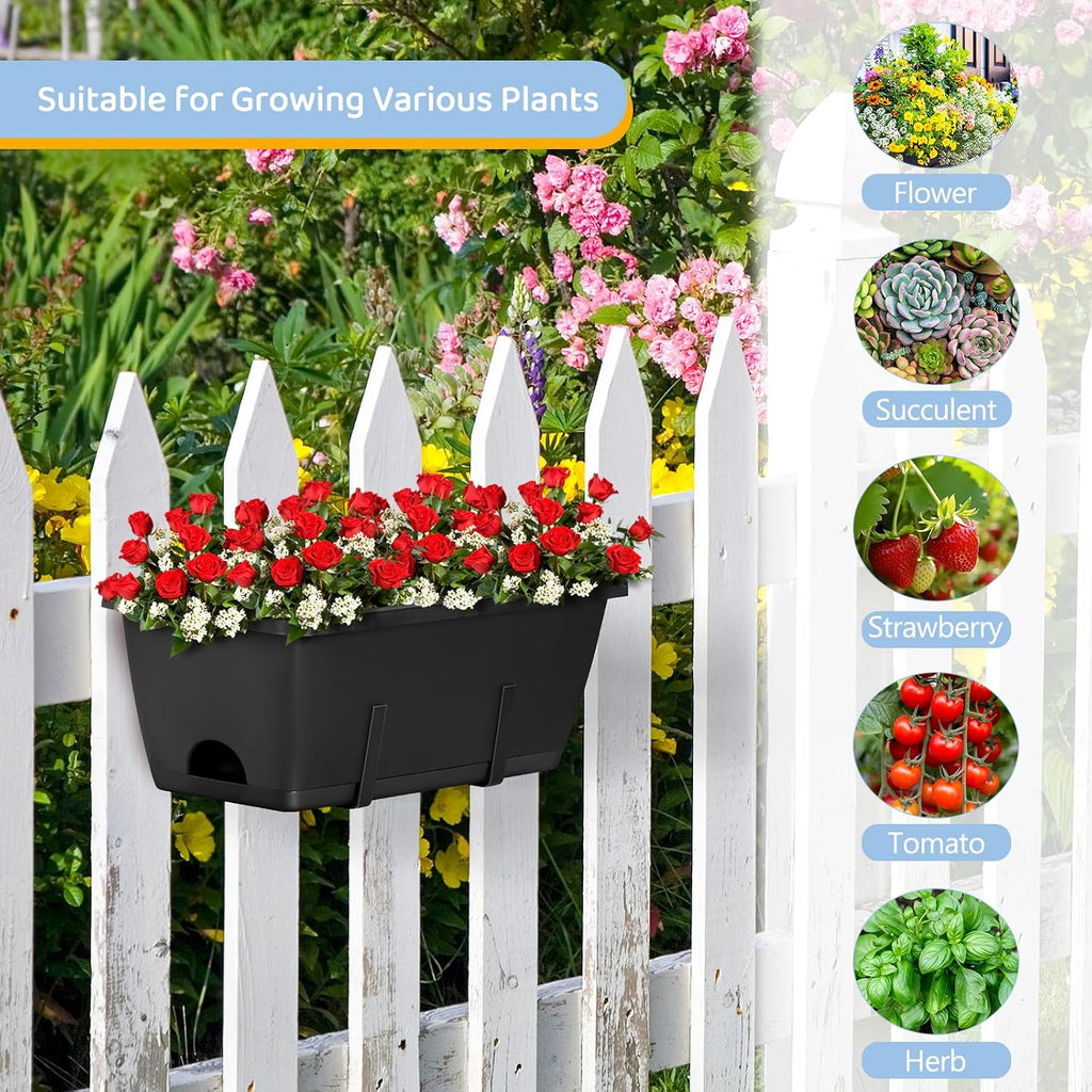 4 Pack Window Boxes Planters Railing Planter Box with Adjustable Brackets | Deck Railing Hanging Flower Pots 17’’