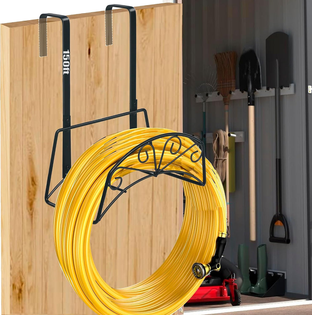 Garden Hose Holder for Outside Yard Hang Over the Door and Fence, Holds Up to 150Ft, Black