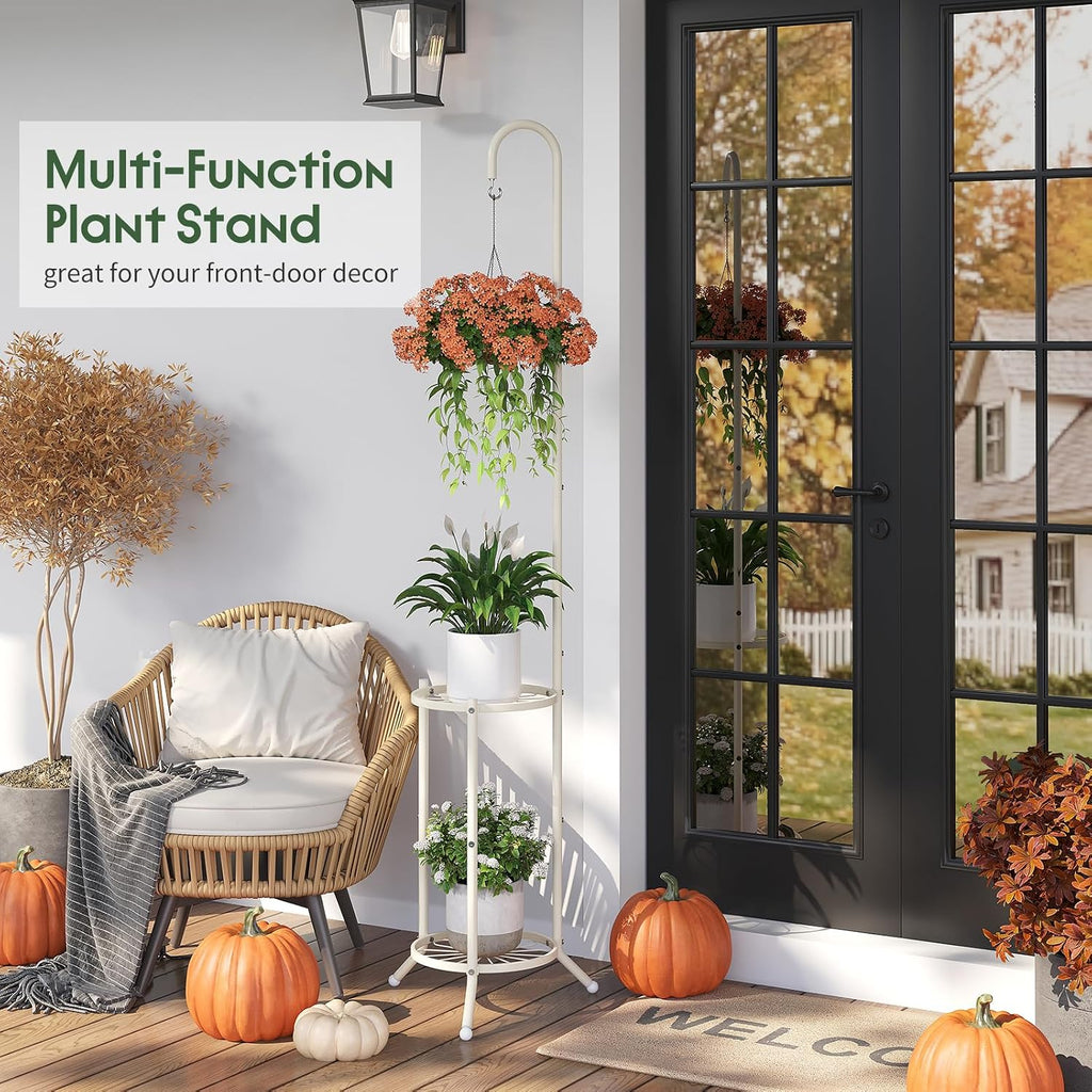 2-Tier Plant Stand With Hanging Hook, Metal Standing Plant Hanger, White | Space-Saving Iron Planter Shelves, Multiple