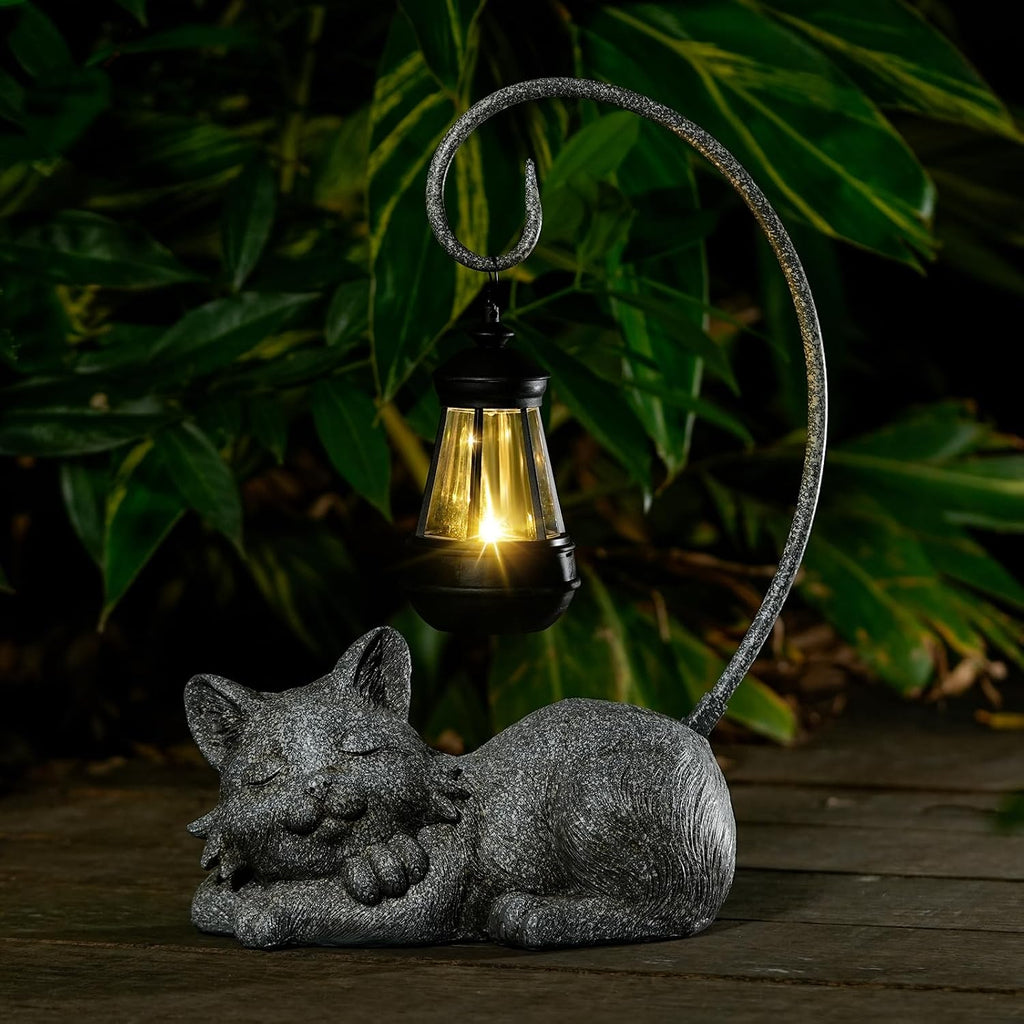 WSgift Outdoor Cat Figurine Garden Statue with Solar-Powered LED Light 13.77 Inches Tall Gift Garden Statue Decor for