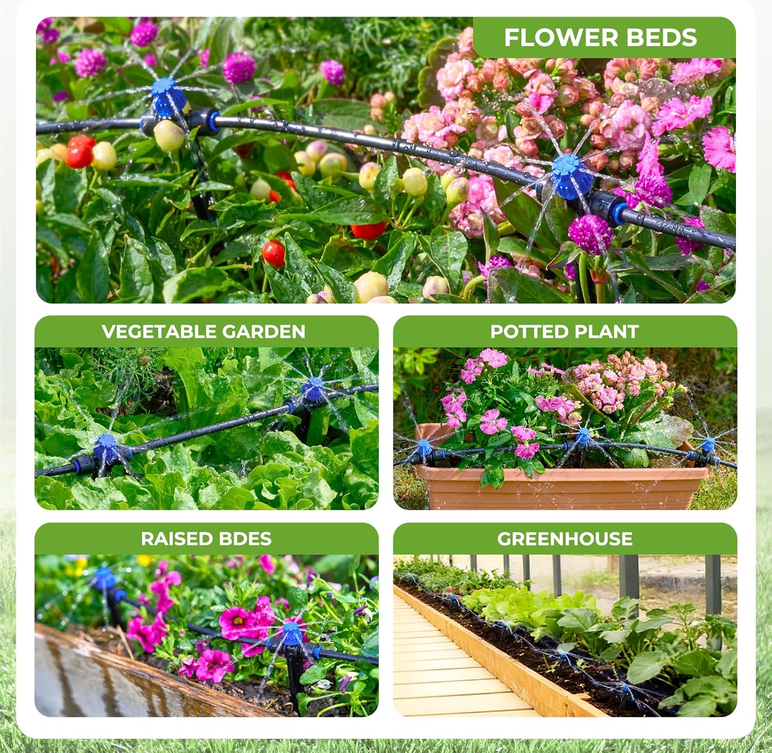 HIRALIY 100FT Drip Irrigation Kit for Raised Beds & Gardens | Garden watering system with a 5-way splitter and