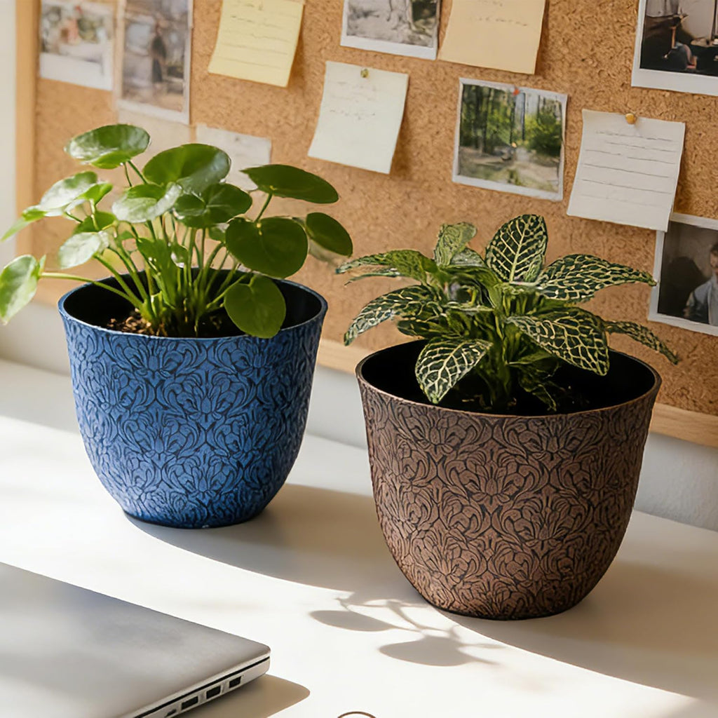 Worth Garden Plastic Round 8" Plant Pots for Indoor Plants - Set of 6 Multicolor Small Flower Pots W/Drainage Hole and