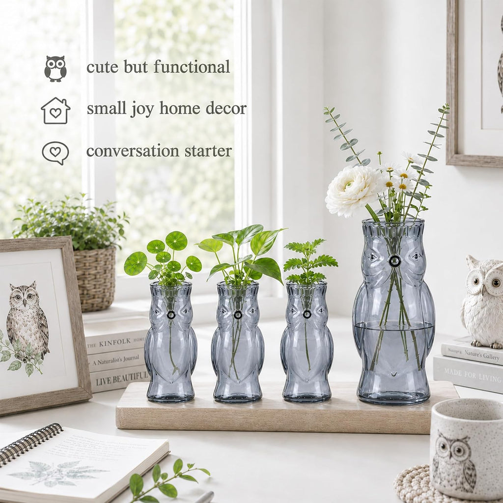 Owl Plant Propagation Station: Set of 4 Cute Grey Glass Vases | Small Plant Terrarium for Hydroponics, Home Office