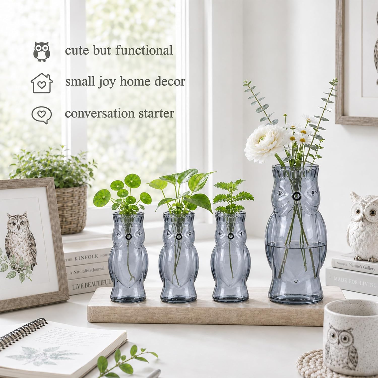 Owl Plant Propagation Station: Set of 4 Cute Grey Glass Vases | Small Plant Terrarium for Hydroponics, Home Office