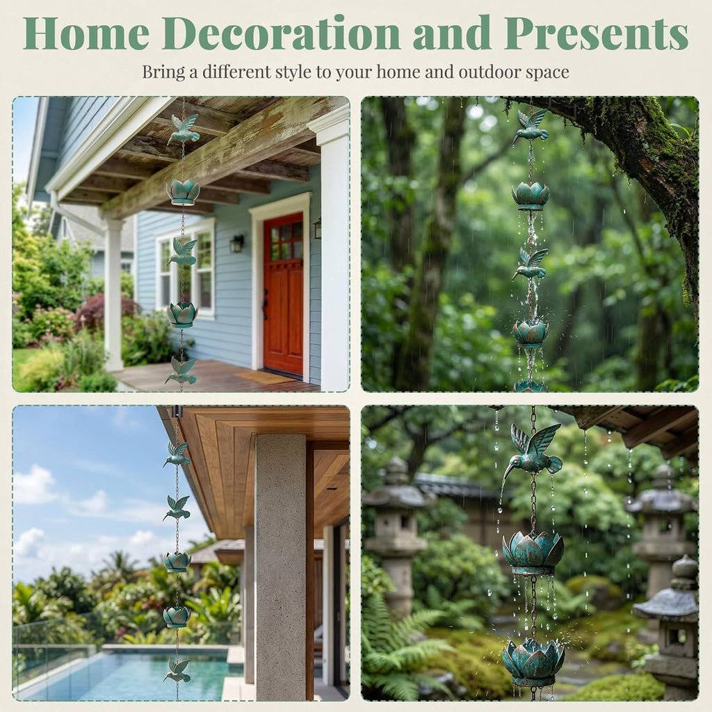 8.2FT Metal Hummingbird Rain Chain for Downspouts,Decorative Gutter Decor | Metal rain chain with hummingbird design