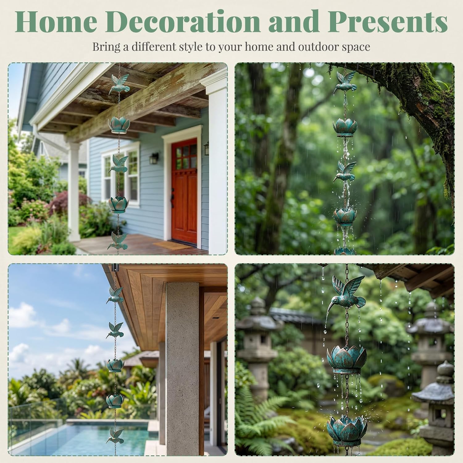 8.2FT Metal Hummingbird Rain Chain for Downspouts,Decorative Gutter Decor | Metal rain chain with hummingbird design