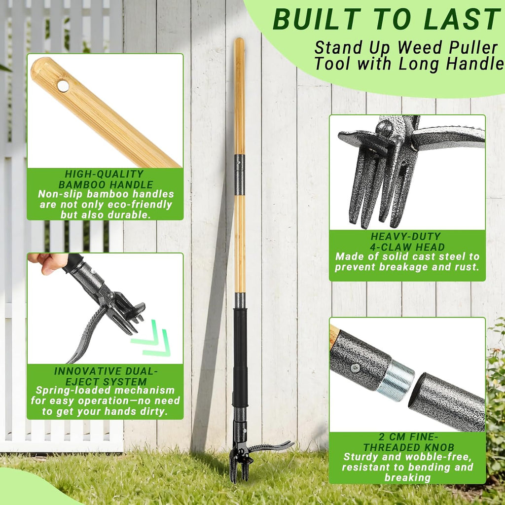 Weed Puller Tool for Garden Lawn Yard, 43.5" | Includes 16 Gallon Leaf Bag, Dual-Eject Mechanism, 4-Claw Steel Head