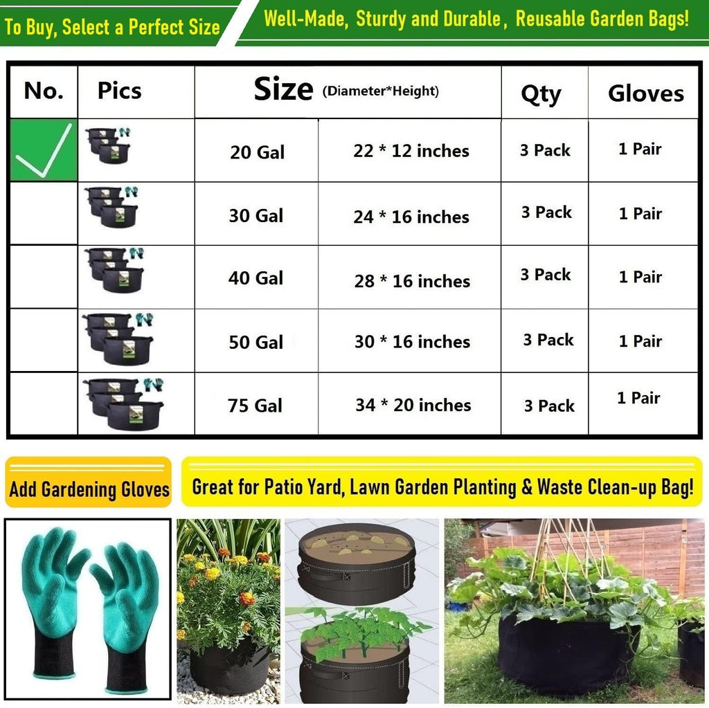 3-Pack 20 Gallon Thickened Plant Grow Bags Large (22x12 in) Heavy Duty Fabric Plant Pots Garden Bag for Tomato,Potato