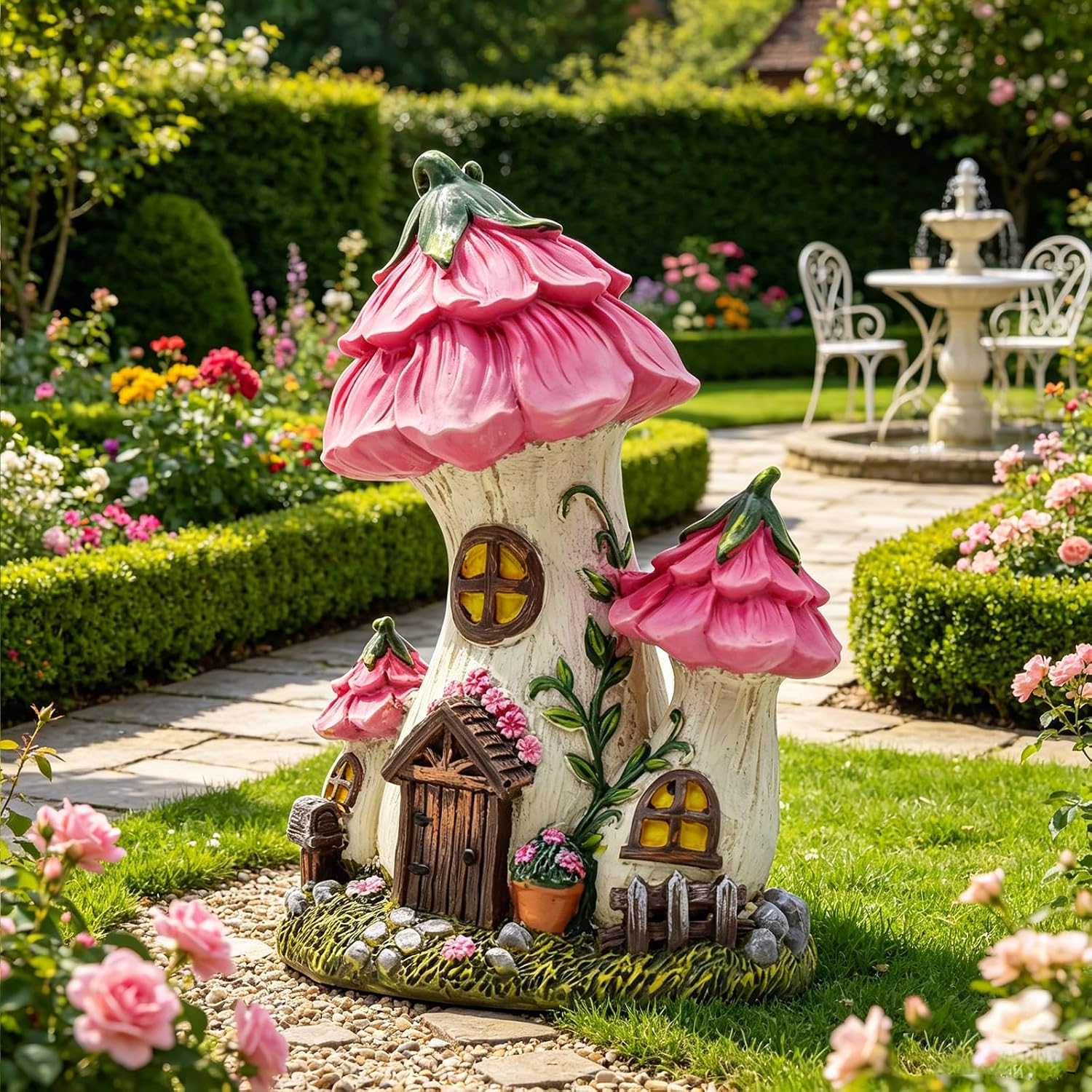 Pink Mushroom House Fairy Garden Statue,7.7 Inches | Resin Whimsical Figurine for Patio, Lawn, Yard, Outdoor & Indoor