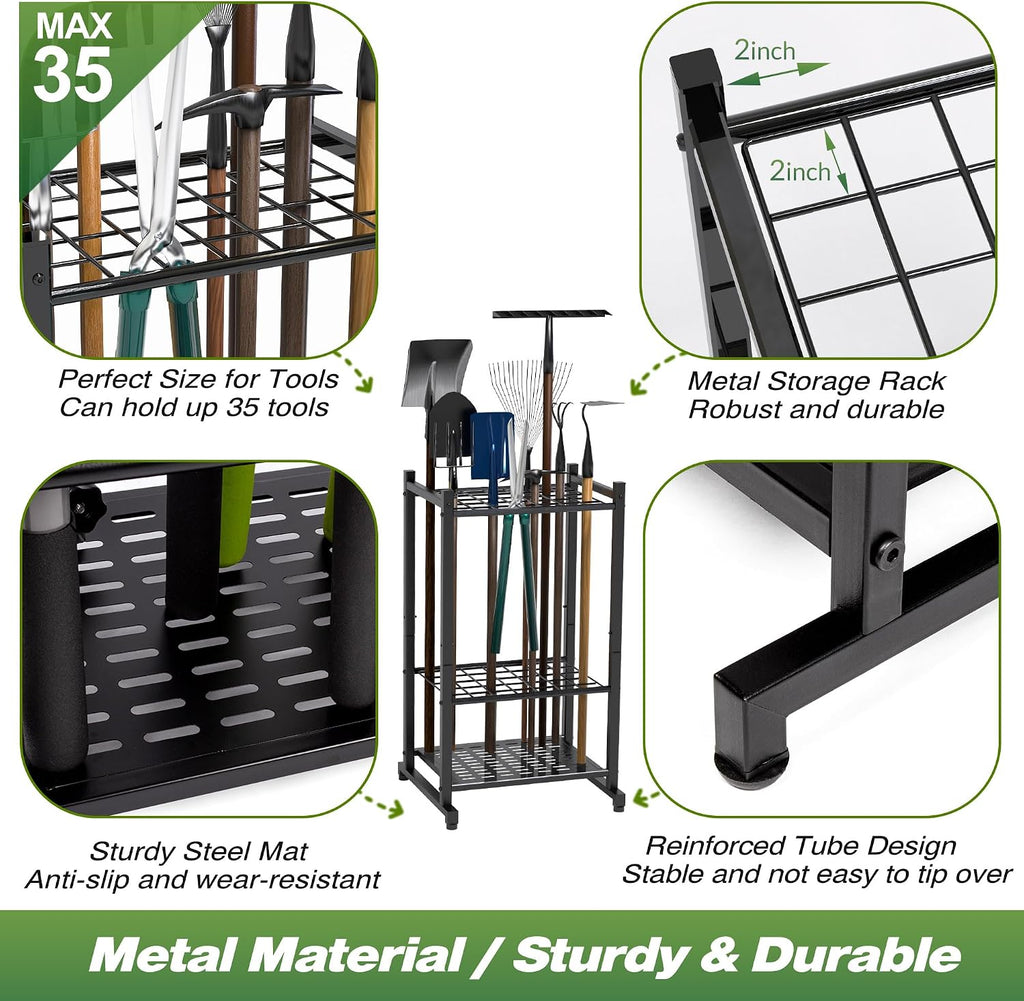 Garden Tool Organizer, Garage Tool Organizer & Garage Organization, Heavy Duty Steel Tool Storage Rack Holds 35 Rakes