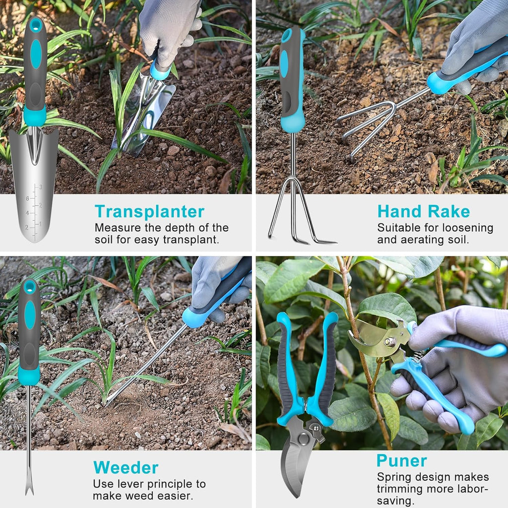 Gardening Tools, Carsolt 10 Piece Heavy Duty Stainless Steel Garden Tools Set with Ergonomic Rubber Handle. Variety of