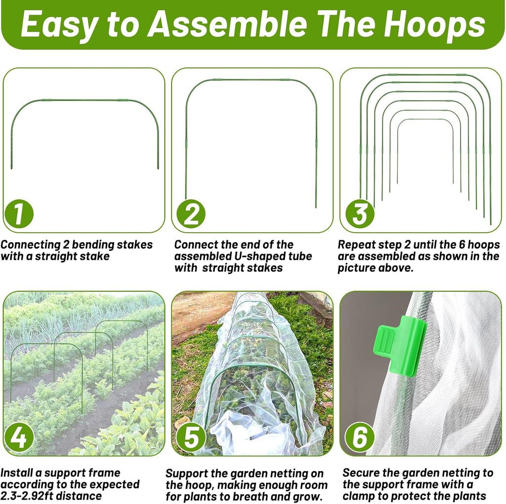 67pcs Garden Mesh Netting Kit, 6 Sets Wide Garden Hoops with Garden Covers | 10x20 ft Bird Netting & 12 Clips, Garden