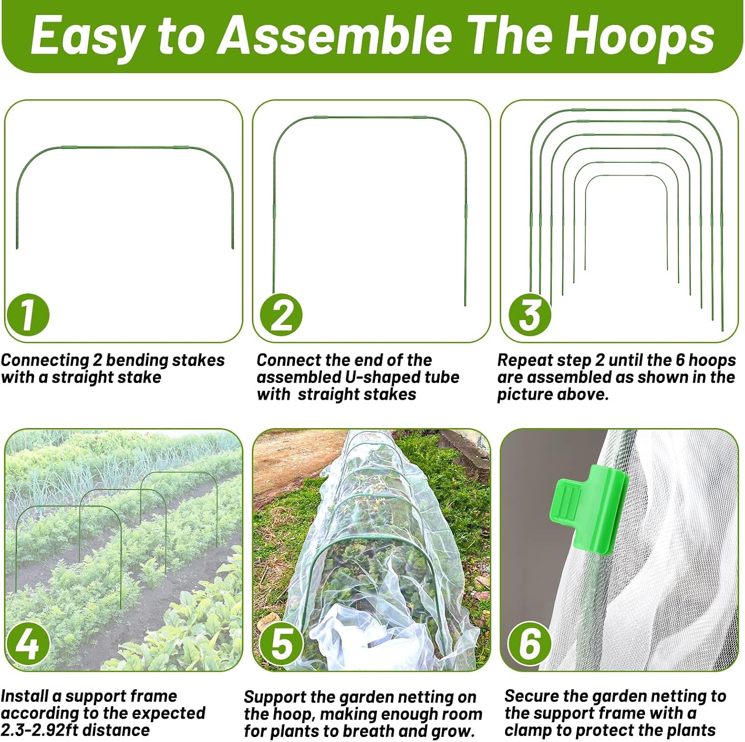 67pcs Garden Mesh Netting Kit, 6 Sets Wide Garden Hoops with Garden Covers | 10x20 ft Bird Netting & 12 Clips, Garden