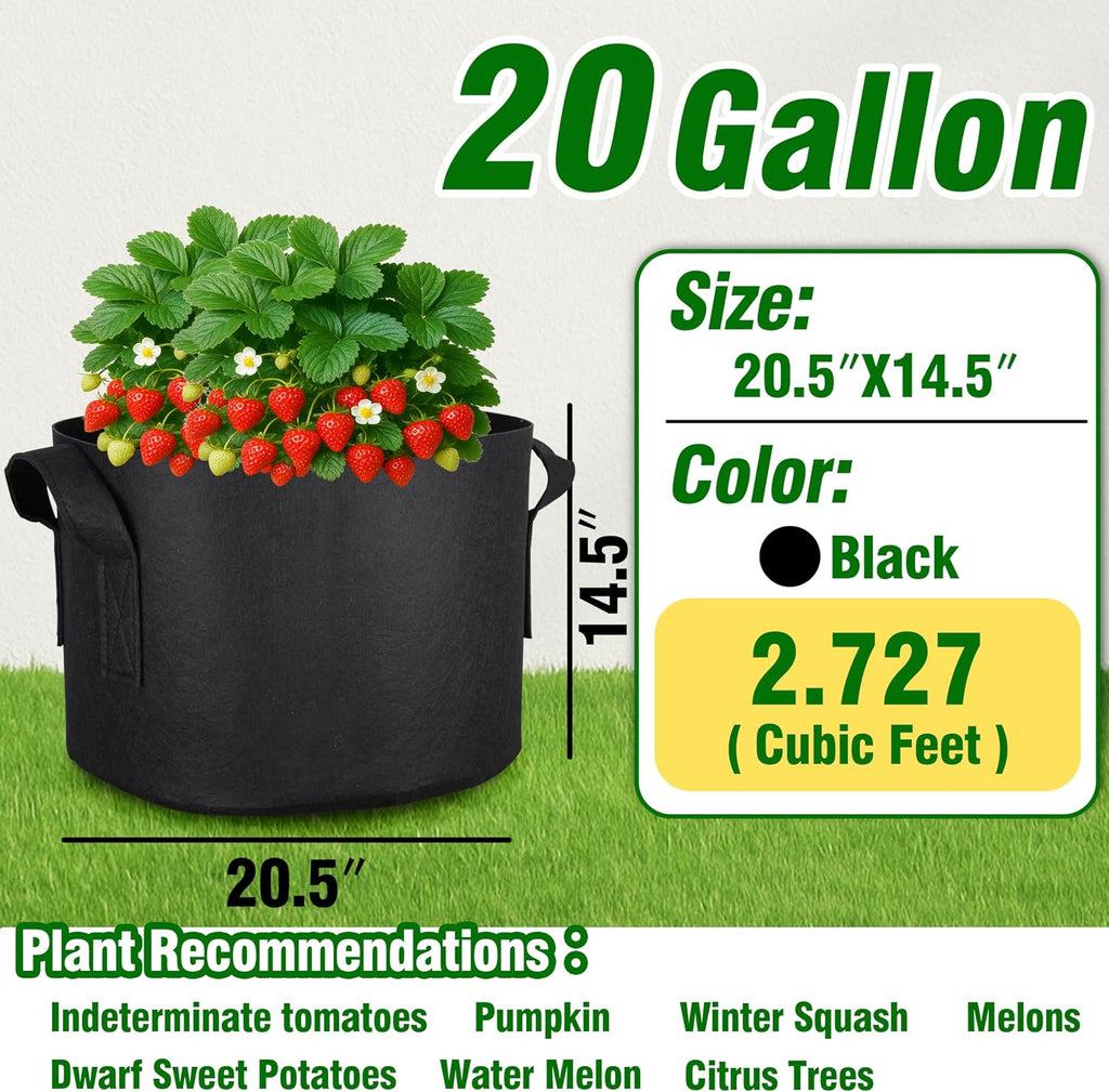 12-Pack 20 Gallon Grow Bags, Heavy Duty Fabric Pots with Handles, Reusable Plant Bags for Vegetable, Herbs & Flowers