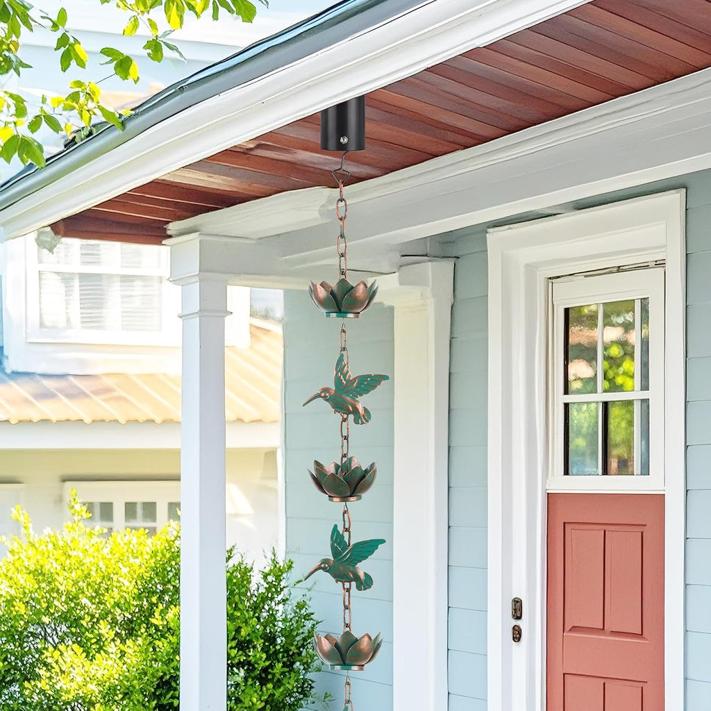 Rain Chain for Gutters Downspouts Outside,8.8ft Hummingbird Rain Chain with 12 Copper Lotus Rain Chain Cups,Functional