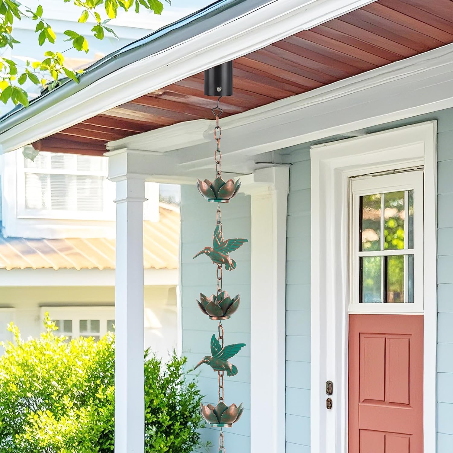 Rain Chain for Gutters Downspouts Outside,8.8ft Hummingbird Rain Chain with 12 Copper Lotus Rain Chain Cups,Functional