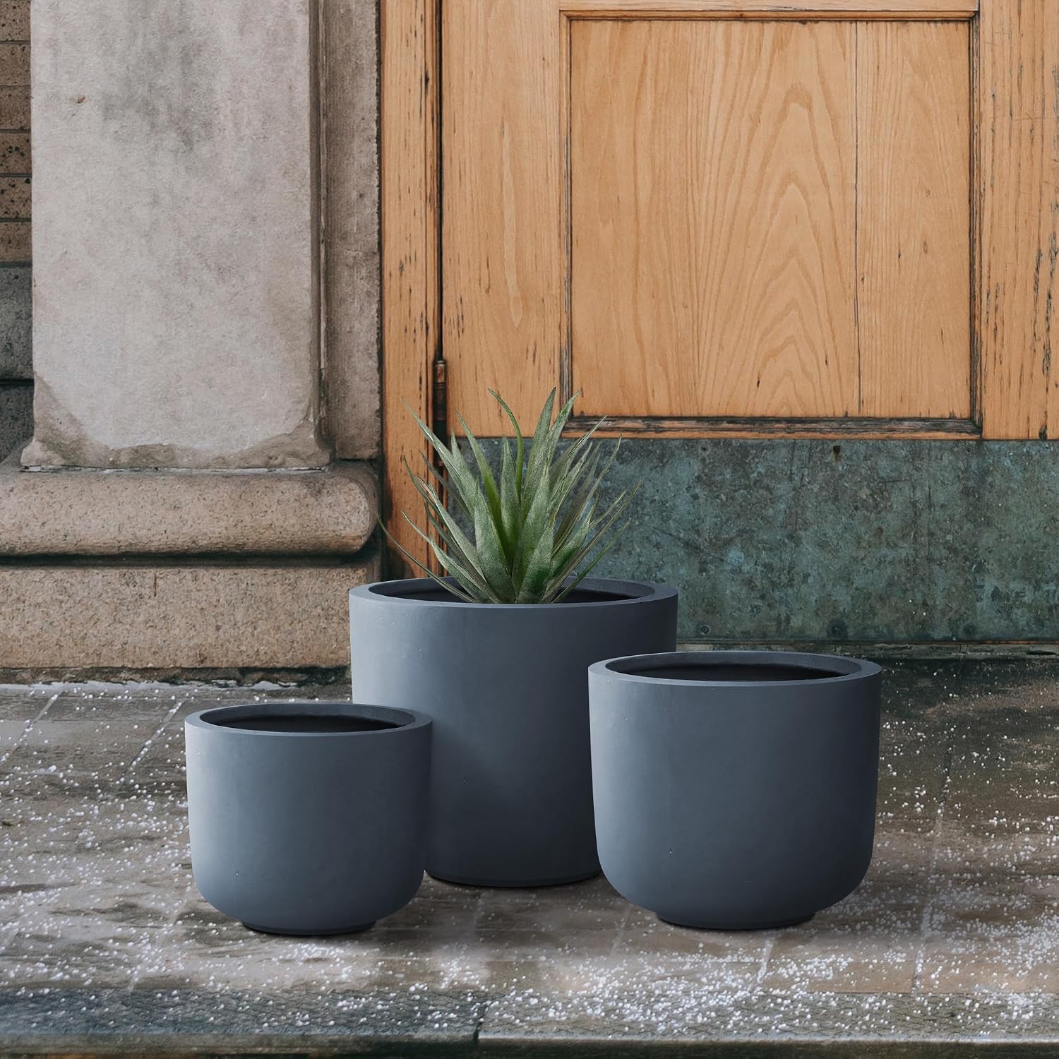 Kante Set of 3 Charcoal Concrete Capsule Planters 13.1" 11" 9" Dia | Drainage for Outdoor, Rubber Plug for Indoor Home