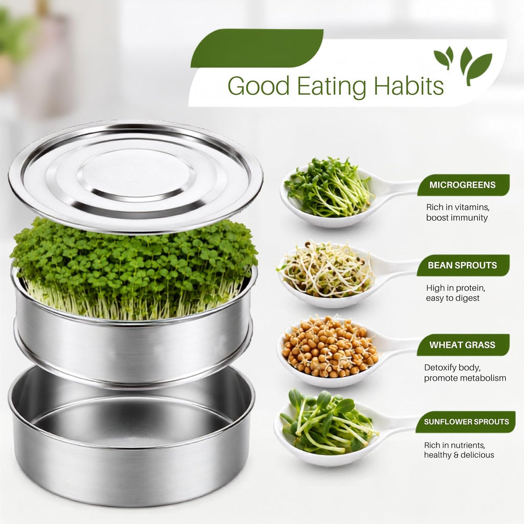 6'' Stainless Steel Sprouting Tray – Round 2-Tier Seed Gardening Planter Tray for Microgreens Broccoli Sprouts Growing