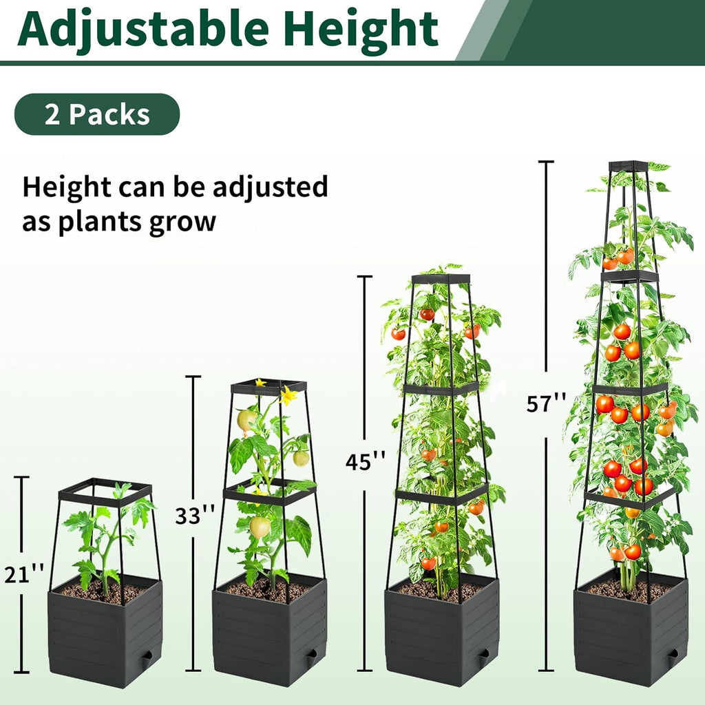 Tomato Planter with Trellis, 57 Inch Self-Watering Planter Box 2-Pack, Grey Planter with Metal Support for Outdoor