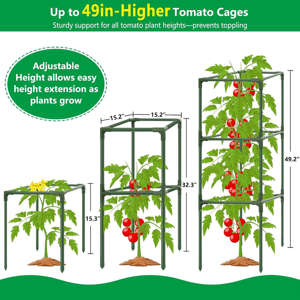 3 Pack 49" Square Tomato Cages, Heavy Duty Steel Garden Trellis Kit | Garden Plant Support Tower Stakes, Cucumber