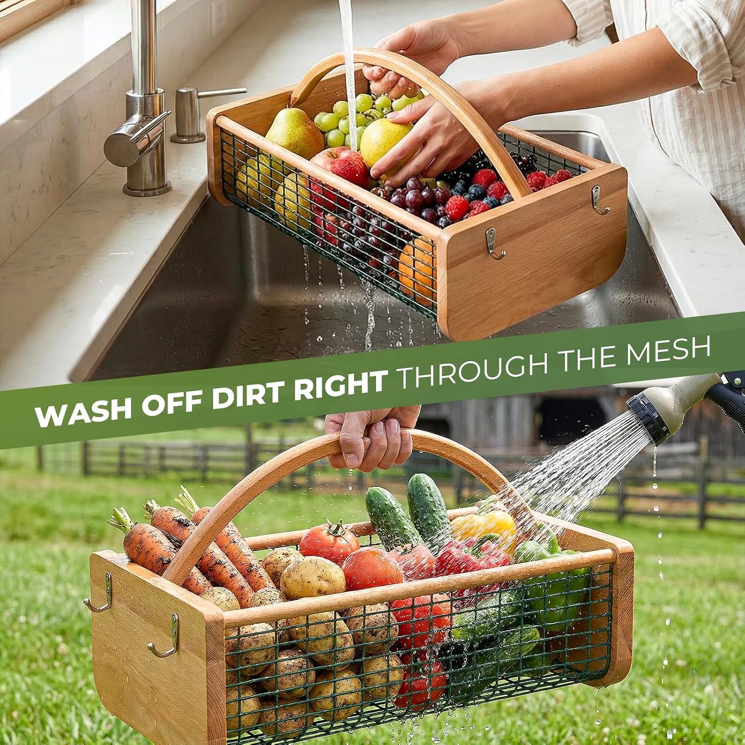Garden Hod Harvest Basket - Durable Wooden Harvesting Basket with Metal Mesh for Vegetable Picking and Gathering