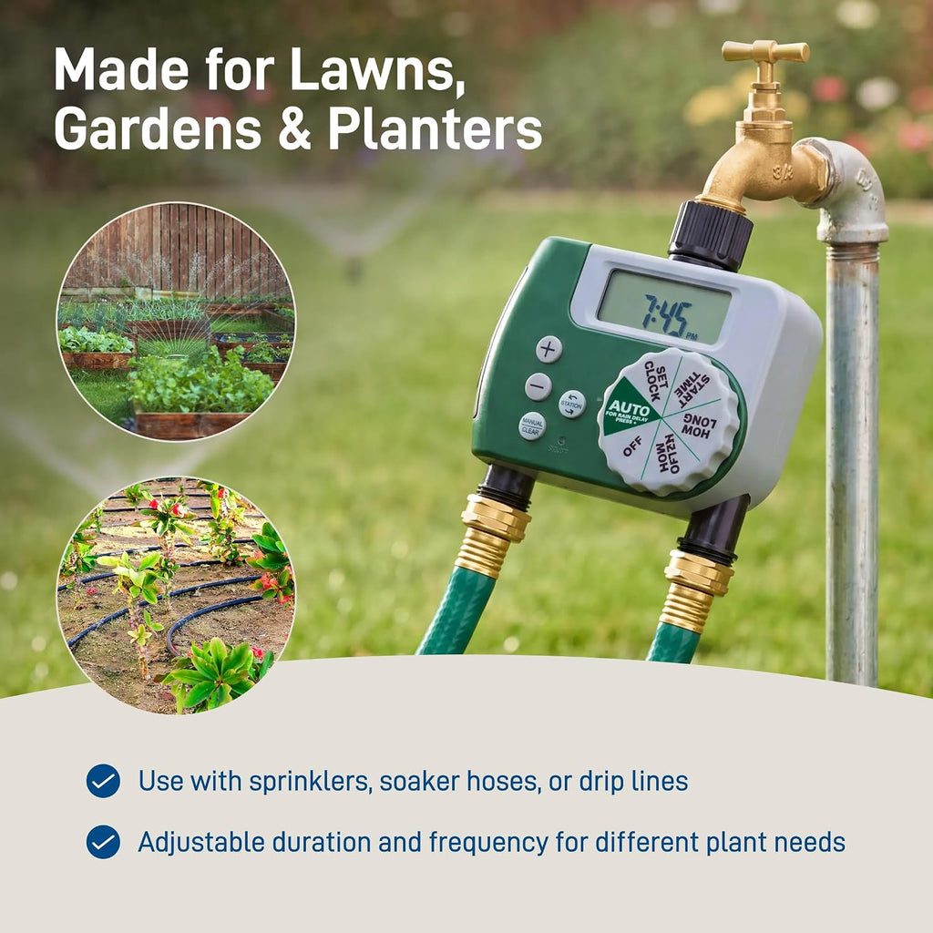 Orbit Programmable Digital Hose Watering Timer - 2 Outlet - Battery Powered - with LCD Screen - Built-in Rain Delay