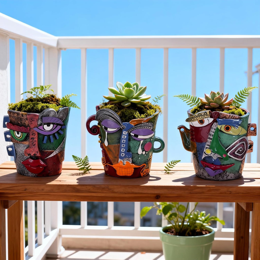 Mini Face Planters 3PC Set – Unique Resin Art Flower Pots for Succulents, Cacti & Small Plants – Decorative Funny Plant