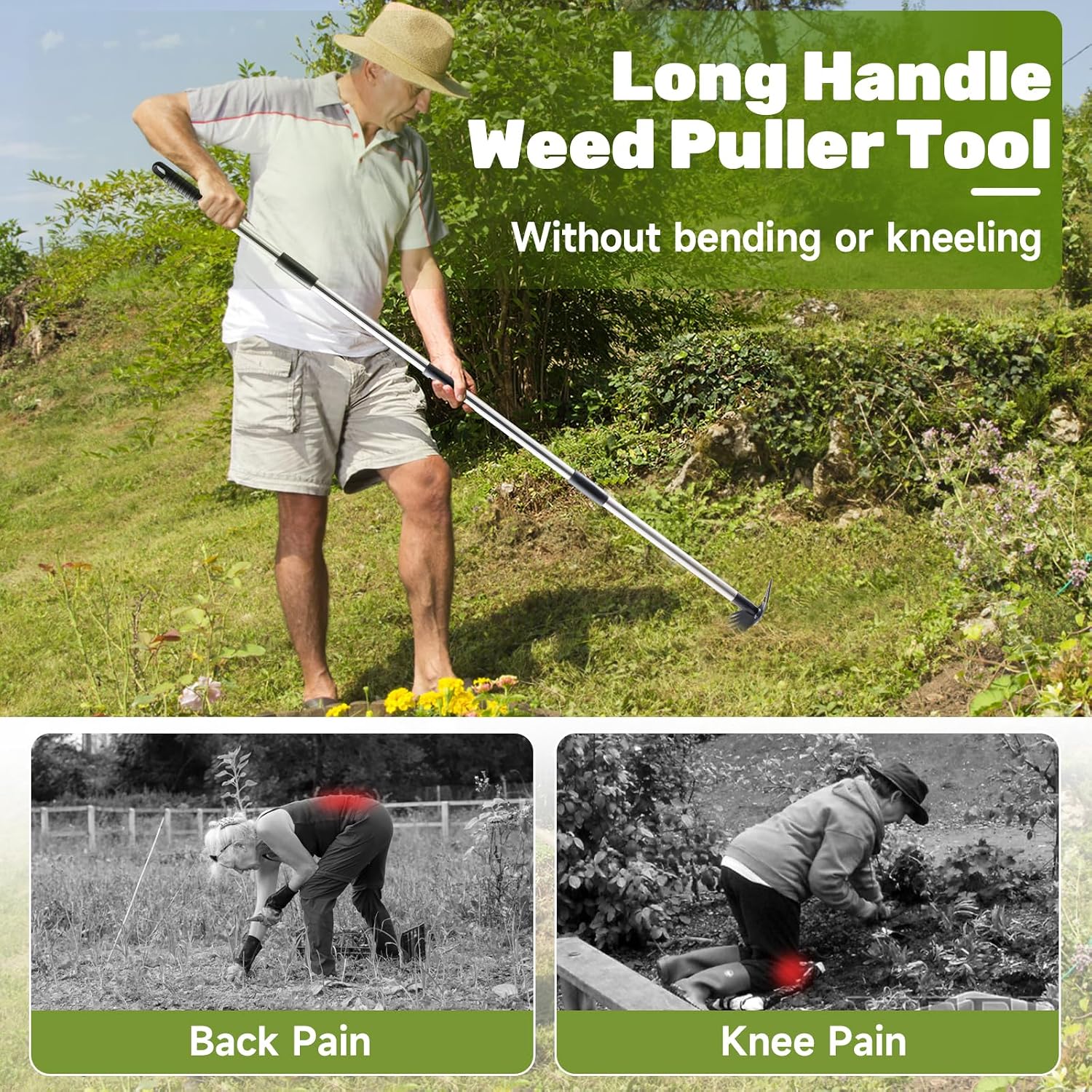 60" Weed Puller Tool with Long Handle and 17" Weeding Tools Gardening Set | Dual Side Hand Weed Rake and Hoe Garden