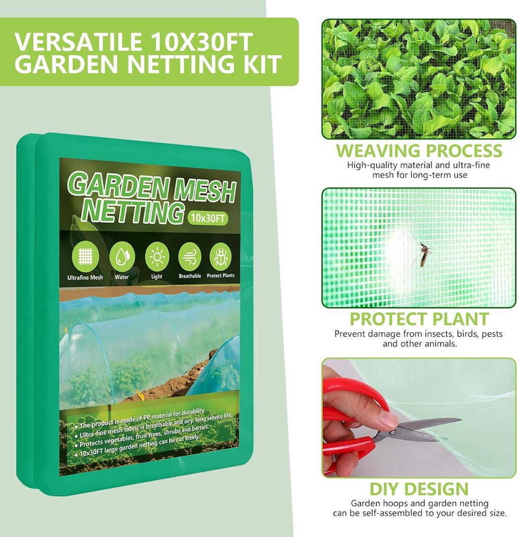 Garden Netting Kit for Raised Beds, 10x30FT Green Ultra Fine Mesh Netting ＆6 Sets of 8FT Garden Hoops, Insect Netting