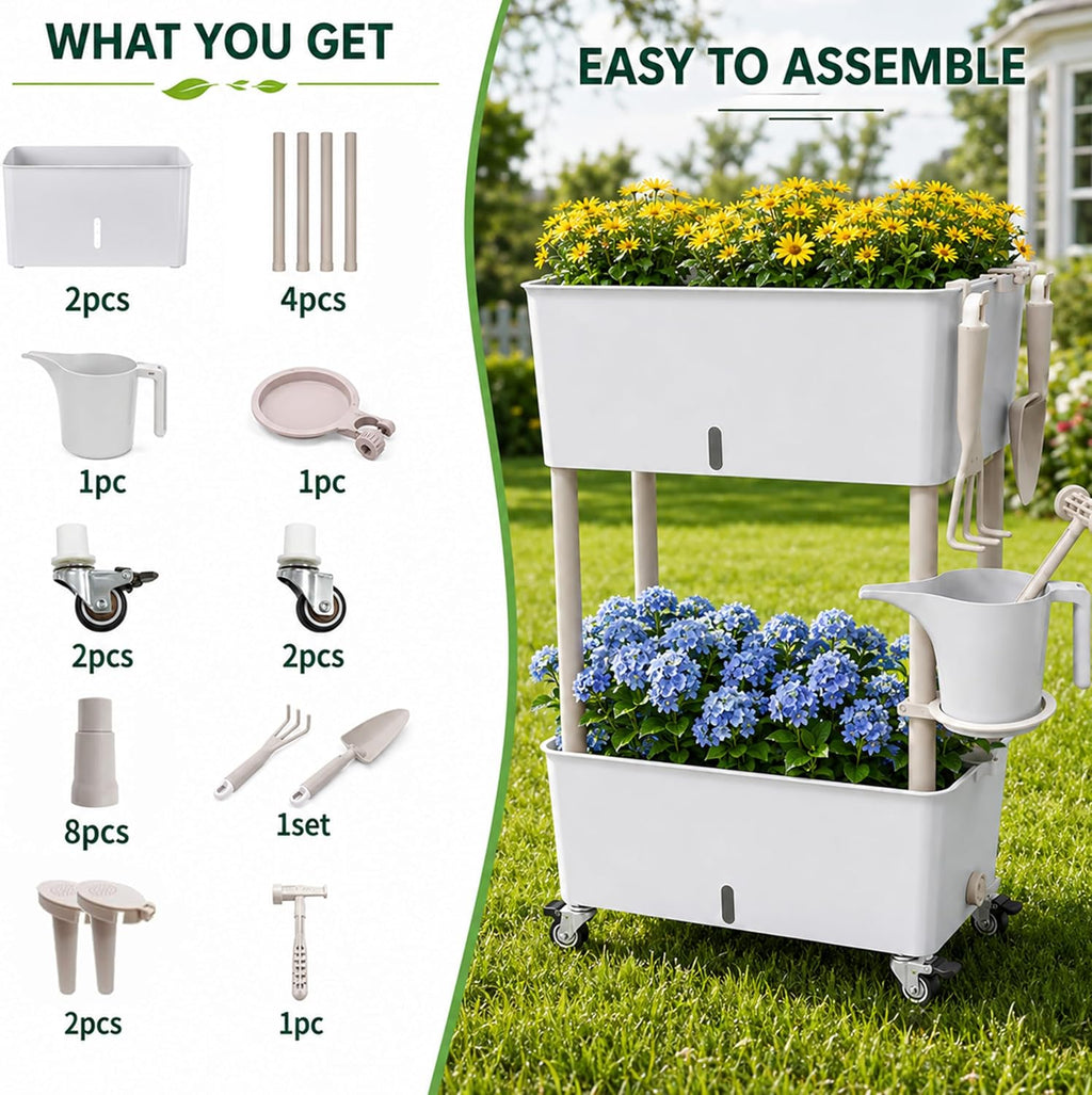 2-Tier 27.8"H Rolling Raised Garden Bed with Wheels, Self Watering Planter Box with Visible Water Level, Gray Rustproof