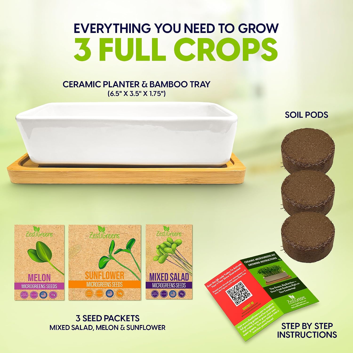 Ceramic Microgreens Growing Kit with Sunflower, Melon & Mixed Seeds | Ceramic indoor kit with sunflower, melon and