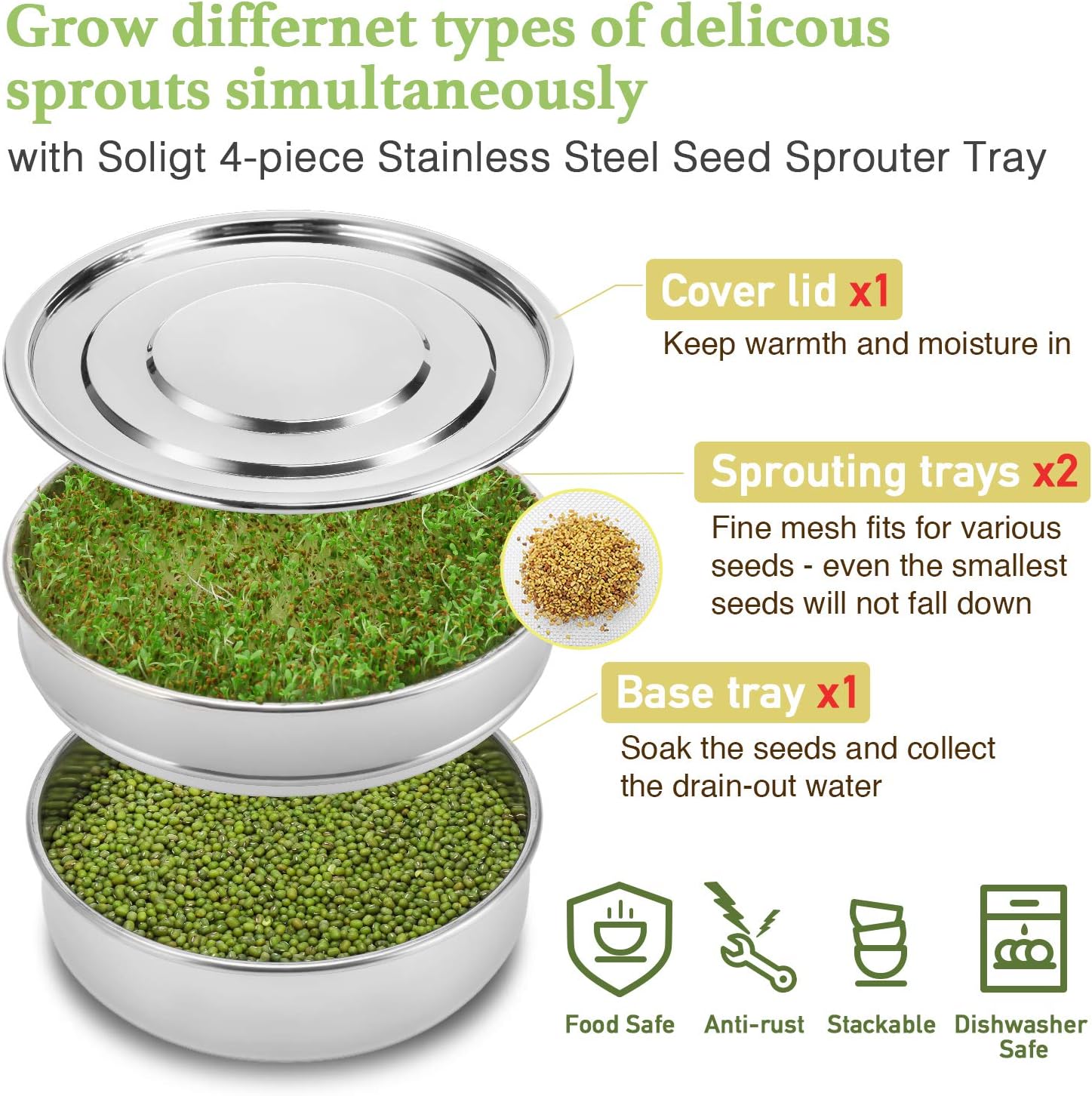 SOLIGT Stackable Stainless Steel Seed Sprouting Kit, 2-Tier Mesh Sprouting Trays, 1 Base and 1 Cover Lid | Come with