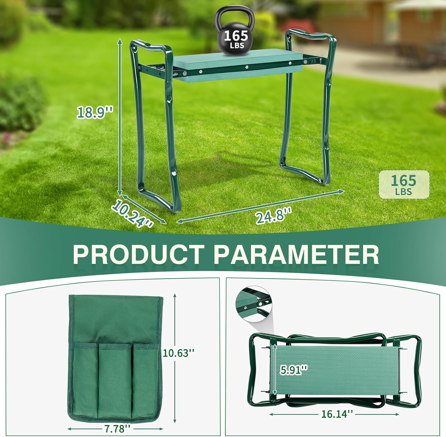 VINGLI 24in Foldable Garden Kneeler and Seat with Tool Pouch, 2-in-1 Function Portable Thicken Soft Kneeling Pad Garden