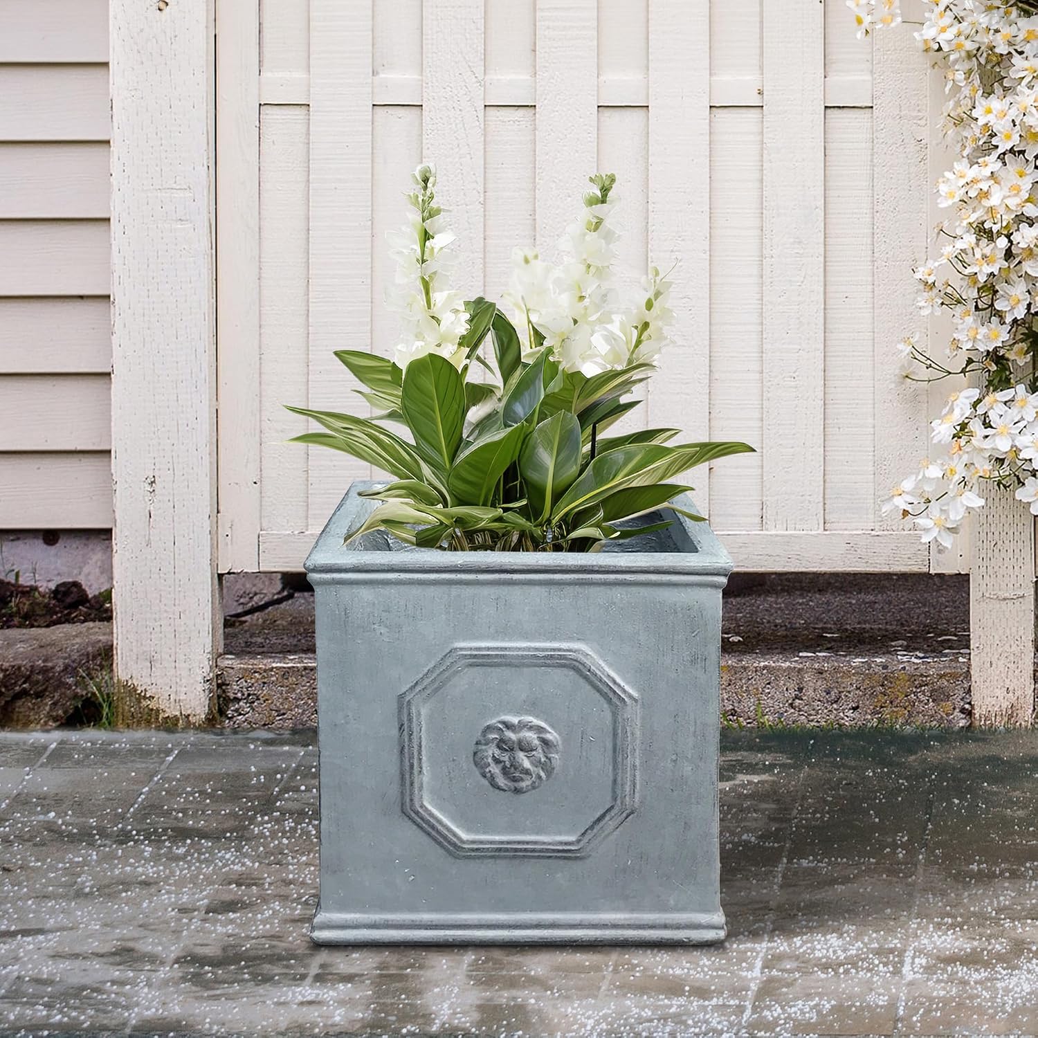 Kante Small Square Dusty Blue Concrete Planter 10.2" W, Outdoor | Rubber Plug for Indoor, Drainage for Garden