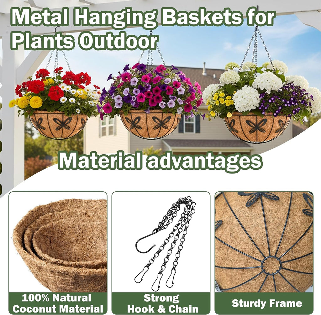 4 Pack 14 Inch Hanging Baskets for Plants Outdoor Metal Hanging Planter Basket with Coco Coir Liner Hanging Flower