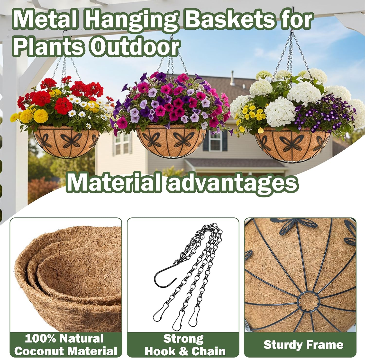 4 Pack 14 Inch Hanging Baskets for Plants Outdoor Metal Hanging Planter Basket with Coco Coir Liner Hanging Flower