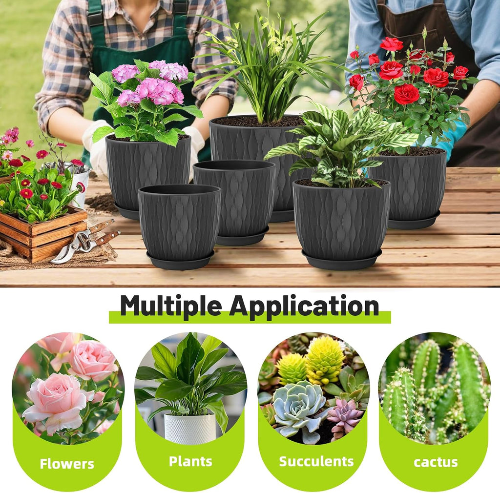 Plastic Plant Pots 10/9/8/7.5/7 inch Set of 5, Flower Planters with Drainage Holes and Saucers, Plastic Pots for Indoor