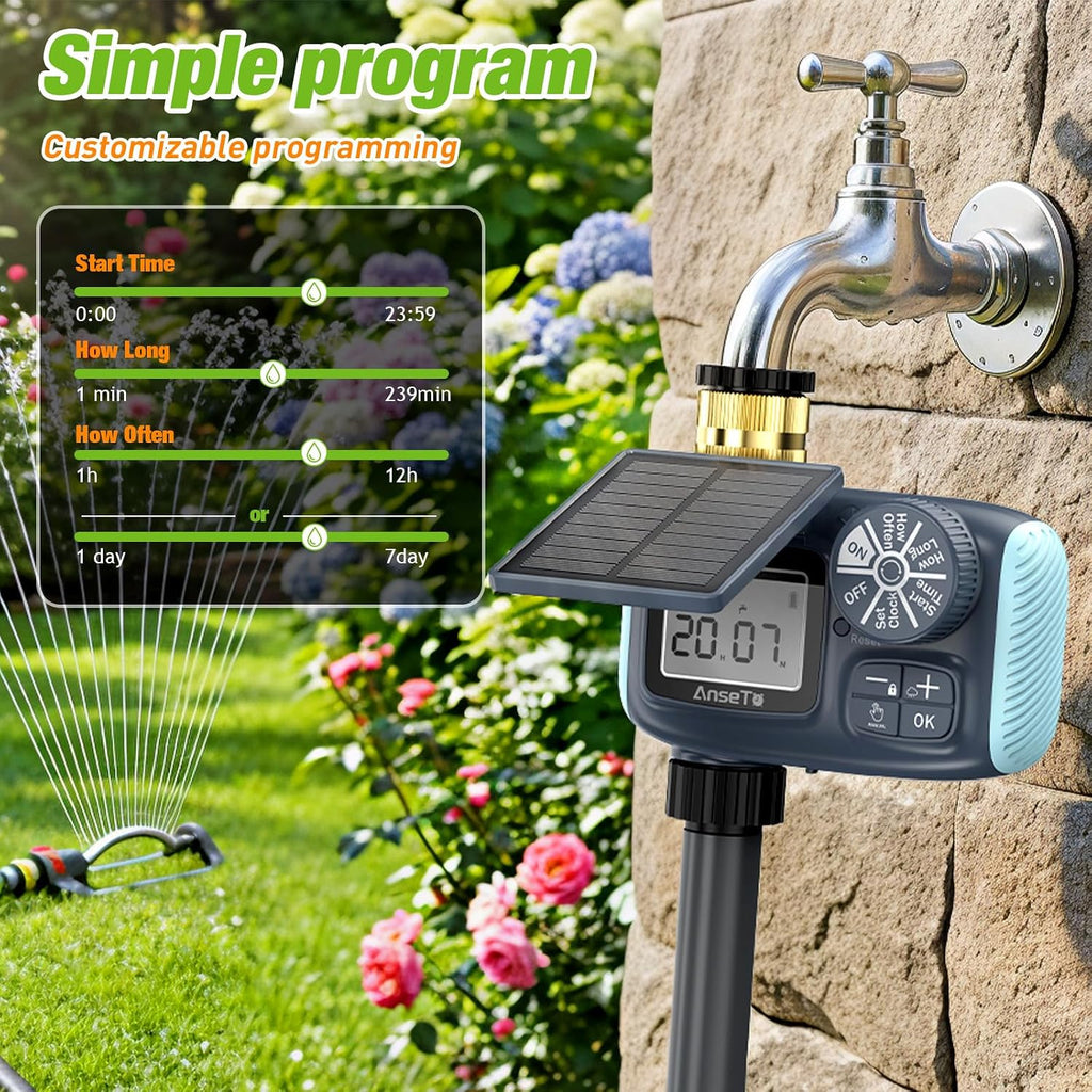Solar Type-C Rechargeable Sprinkler Water Timer for Garden Hose Lawn | Programmable Intelligent Automatic Faucet System