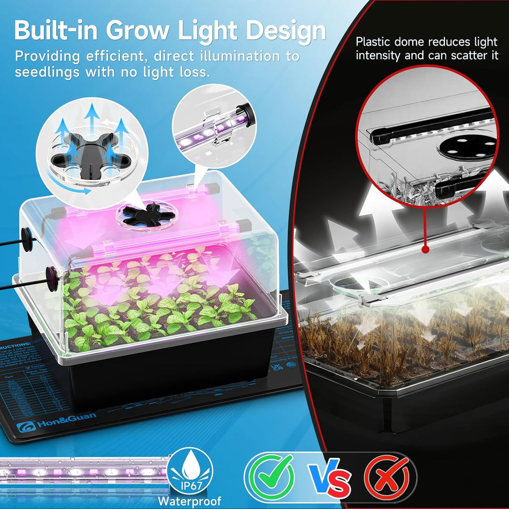 Hon&Guan 30-Cell Seed Starting Kit with Heat Mat and LED Grow Lights | 30-cell PP seedling tray, 5.3" dome with vents