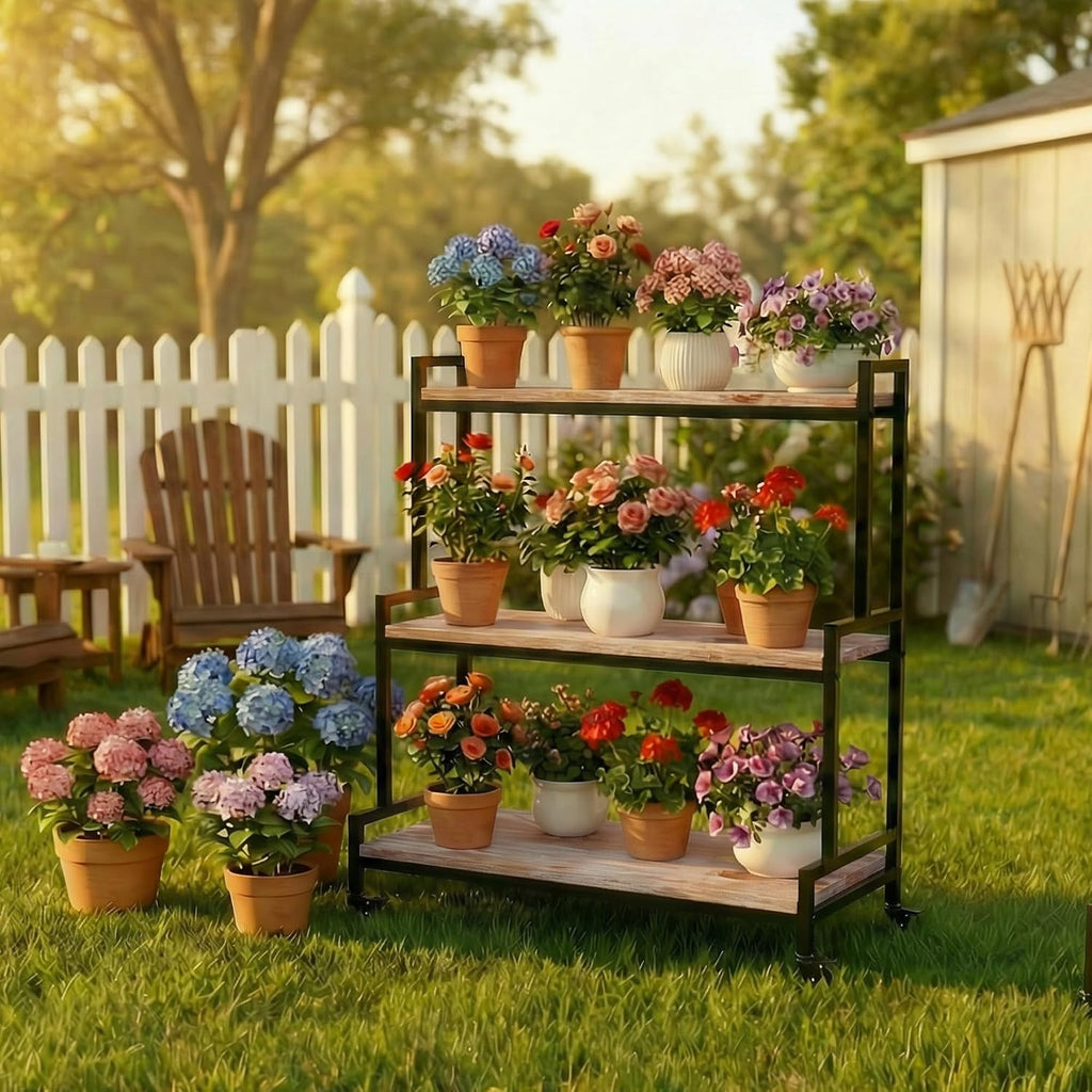 3 Tier Plant Stand with Wheels, Wooden Indoor Plant Shelf Rack,Brown | Rolling ladder plant shelf with solid wood &