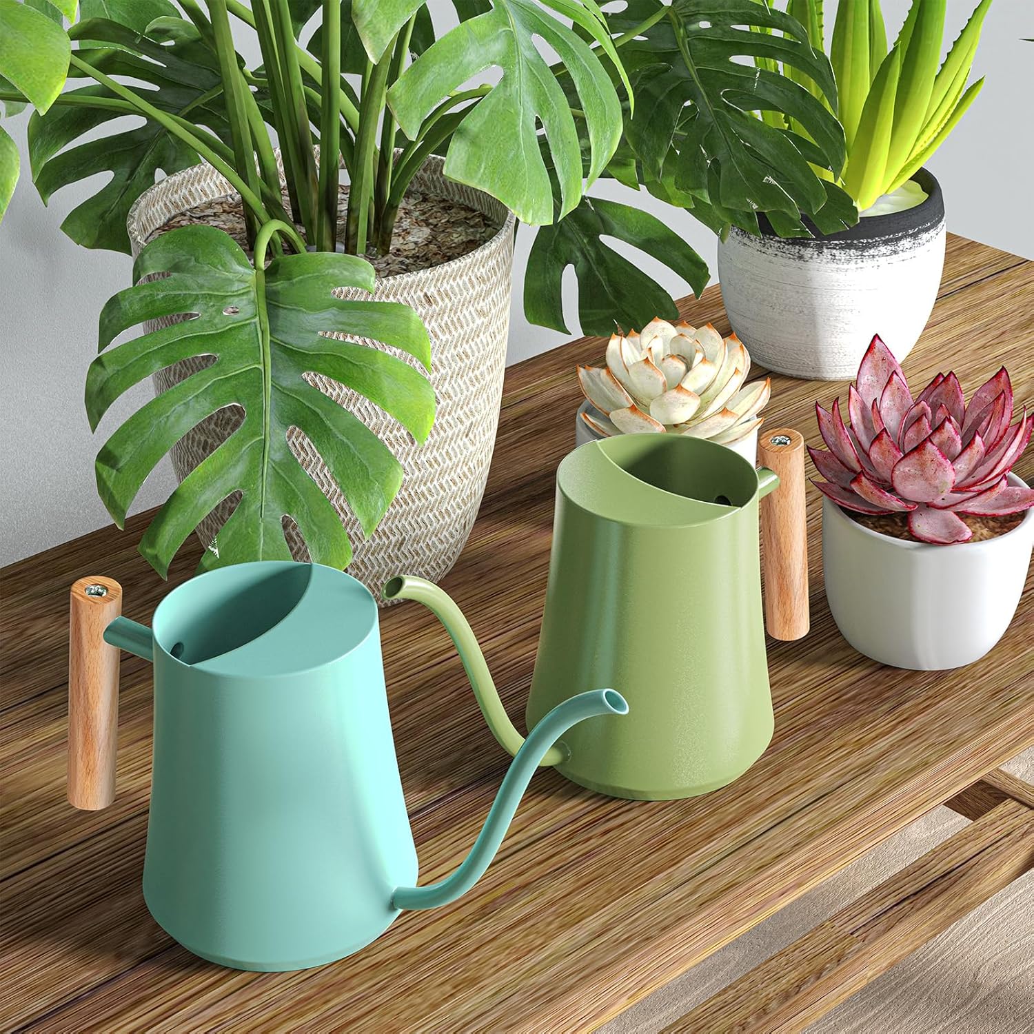 1L/35oz Metal Watering Can Indoor with Long Spout, Sage Green | Metal Stainless Steel Watering Can with Wood Handle for